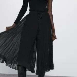 Zara Black Pleated Wide Leg Coulotte   Pants With Drawstring Waist SkU25